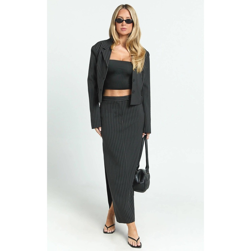 Lioness Luna Pinstripe Maxi Skirt Womens XS Black Side Slit Office Dark Academia